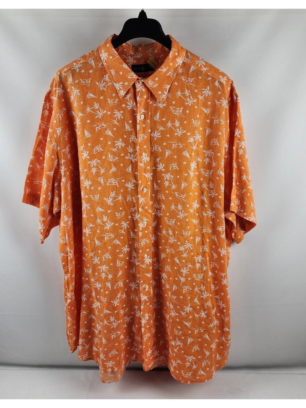 Ralph Lauren Shirt Mens 3XLT Orange White Linen Motif Palm Trees S/S Button Up